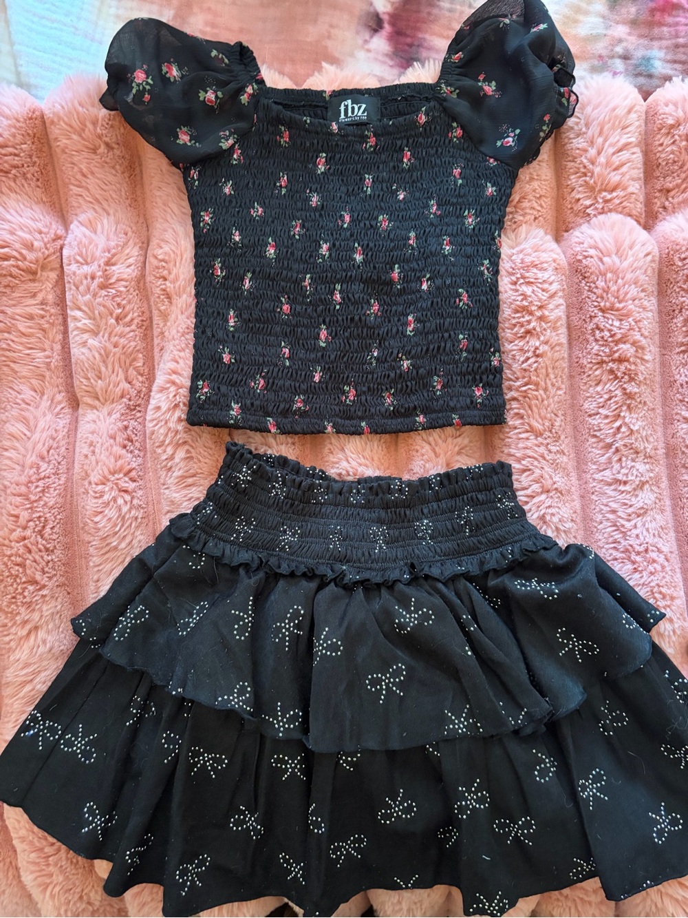 Girls Outfit Bundle: Sz8 Floral Smocked Top & Studded Bow Skirt